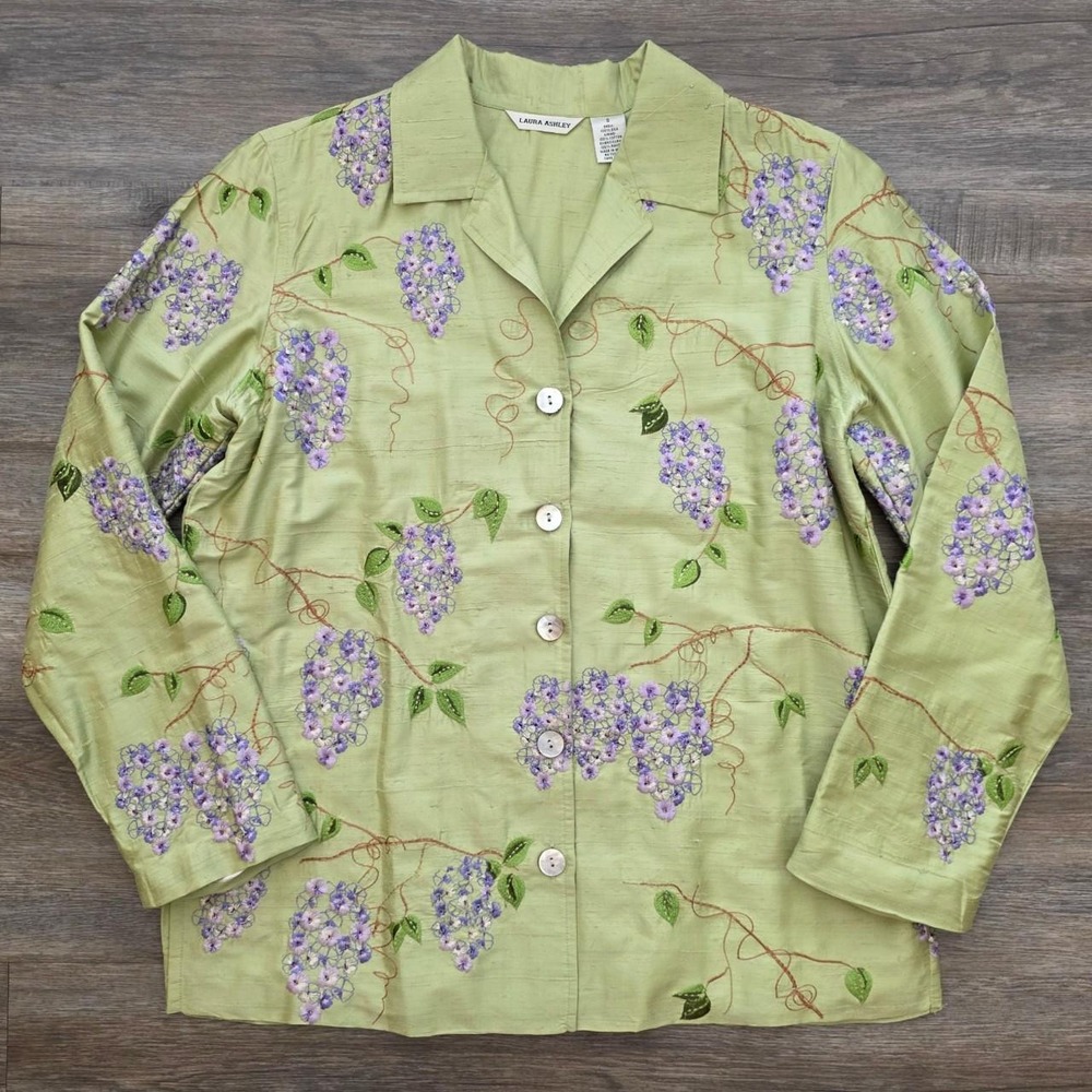 Vintage Laura Ashley Beaded Wisteria Silk Blouse Jacket Sage Green Purple Small